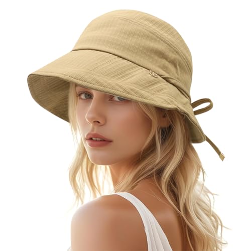 SANNIDHI® Bucket Hat for Women Sun Protection Wide Brim Womens Beach Hat with Chin Strap, Outdoor Fashion Adjustable Tie-Back Casual Summer Hat Mother's Day Gift (Khaki)