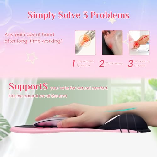 ZORBES® Mouse Pad with Wrist Rest Ergonomic Silicone Smooth Lycra Cover Kawaii Cartoon Pink Gaming Office Anti-Slip 3PCS