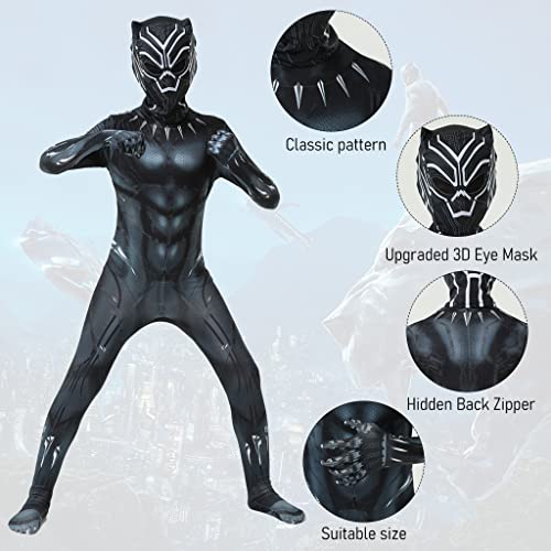 FANCYKU® Black Panther Mask Jumpsuit for Kids, 3D Digital Prints Black Panther Costume Toys for Children, Breathable Spandex Superhero Fancy Dress for Boys Girls Party Cosplay (for Height 115-125cm)