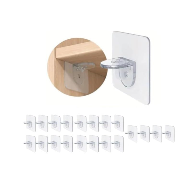 ZIBUYU® 20 Pcs Transparent Self Adhesive Shelf Bracket & Pegs, 7x7cm No Drill Punch-Free Wardrobe Partition Holder, Hooks for Kitchen, Bathroom, Closet & Wall Heavy Duty, Multi-Use Stickers