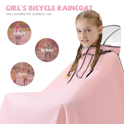 PATPAT® Bicycle Rain Poncho Rain Coat for Kids Girls, Outdoor Hooded EVA Rain Poncho with Clear Wide Brim, High Collar Rain Coat for School, Camping, Hiking, Riding, 3XL, Pink