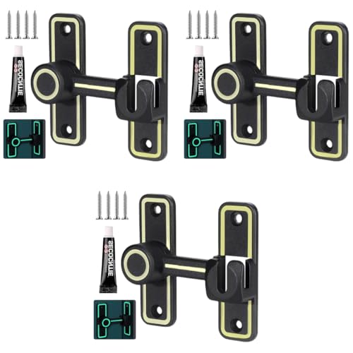 HASTHIP® Door Lock Sliding 90° 180° Heavy Duty Barn Hardware with Night Glow Design Latch Suitable for Garden Bathroom Outdoor Garage Window Black 3PCS