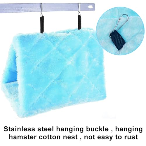 Qpets® Winter Birds Nest Metal Cage Big Size Plush Beds Shed for Parakeet Cockatoo Lovebird Suspended Hammock Hideaway Place L24 W15 H18Cm Blue 3PCS
