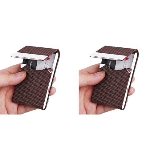 ZIBUYU® Business Card Holder 6 x 9.5cm Metal Case Classy for Women Men PU Leather Name with Magnetic Clasp Brown 2 PCS
