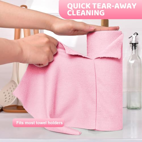 HASTHIP® 15-count Large Microfiber Cleaning Cloth Kitchen Absorbent Cleaning Rags Reusable Washable Rags Traceless Pot Pre-cut Tear Away Microfiber Kitchen Towels,25x60cm,Pink
