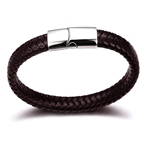 ZIBUYU® Bracelet For Men Stylish Latest Fashion Leather Hand Boys Steel Alloy Magnetic Clasp Braided Genuine Wrist Band 8.46 Inch Brown 3 PCS