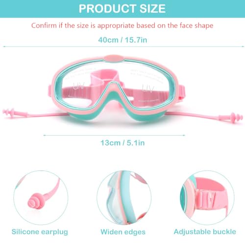 Proberos® Swimming Goggles for Kids with Ear Plugs Big Frame Leakproof Anti-fog UV Protection Adjustable Swim Goggles for Boys Girls Age 6-14 Pink X3