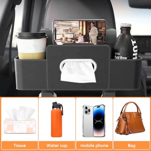 STHIRA® Car Backseat Organizer Storage with Multi Compartments Headrest Backseat Box Tissue Holder Dual Hooks Durable PU Leather Rear Seat for Phones Bags 2PCS