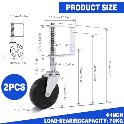 Serplex® 4'' Zinc Alloy Gate Caster Wheels, Heavy-Duty Spring Loaded, 360 ° Swivel Casters with Mounting Hardware for Metal and Wooden Gates, 250-500 lbs Load Capacity