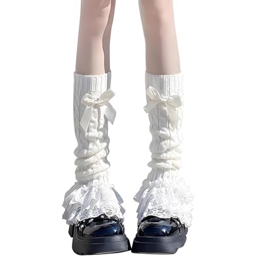 SANNIDHI® Women's Knit Leg Warmers Y2K Bow Lace Trim Knee High Leg Sleeve Socks for Lolita Costume Party Accessory - White