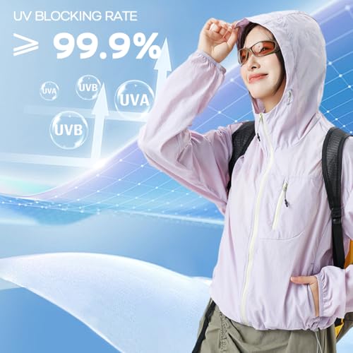 Venzina® UFP 50+ Sun Protection Jacket Stylish Cropped Sunscreen Top for Women Ultra-light Quick Dry Hoodie with Back Air Vent & Chest Zip Pocket, Water-Proof UV Coat for Outdoor, Light Purple, S