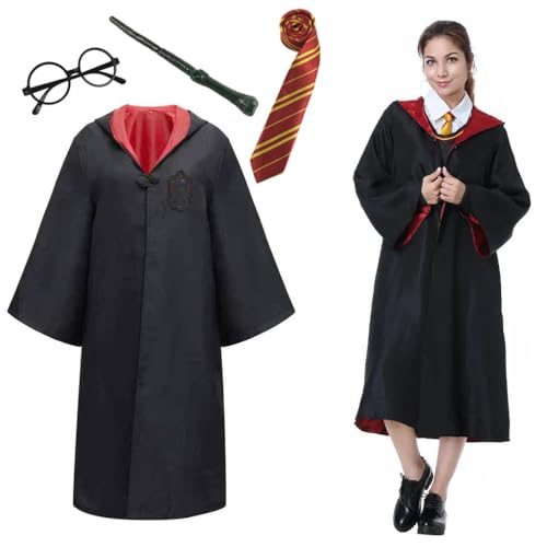 PATPAT® Wizard Costume Robe Set Cosplay Costumes for Women Men School Magic Wizard Cloak with Harry Potter Wands, Tie & Glasses for Adult Teens, Suggest Height 170-175cm