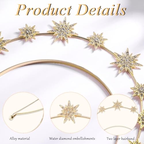 PALAY® Halo Crown for Women Queen Goddess Headband Stars Crystal Tiaras with Crescent Earrings Set, Double Layer Gold Metal Crown Hairband for Girls Party Wedding Cosplay