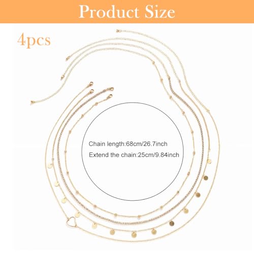 SANNIDHI® Chic Waist Chains for Women Set of 8PCS Slim Golden Body Charm Layered Metal Bikini Beach Wear Adjustable Saree Girls 26.8+9.8 inches