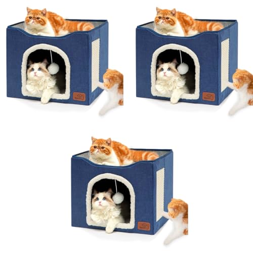 Qpets® Cat Beds for Large Cats House Cave with Fluffy Ball Hanging Toy and Scratch Pad Foldable Hideaway Blue 16.5x16.5x14 inches 3 PCS