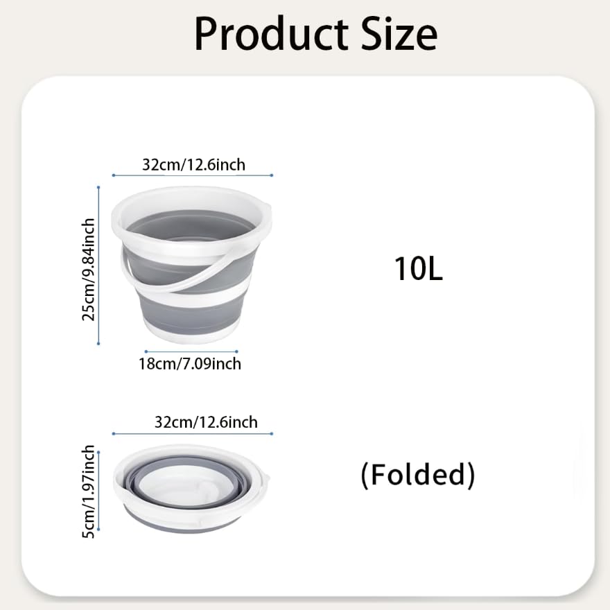 ZIBUYU Foldable Bucket for Camping and Car Wash with Ergonomic Handles | 10L PVC Grey