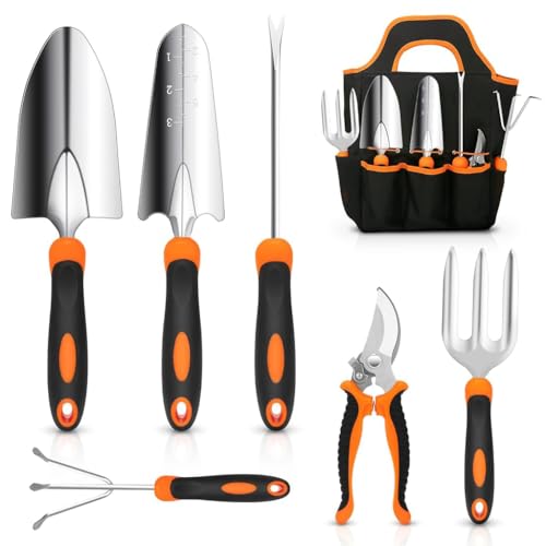 HASTHIP Gardening Tools Set of 7Pcs Heavy Duty Stainless Steel Garden Planting Tools Home Gardening Tool Set with Pruning Shear, Gardening Fork, Trowel, Shovel, Weeder Tool, Seeding Tool, Tool Bag