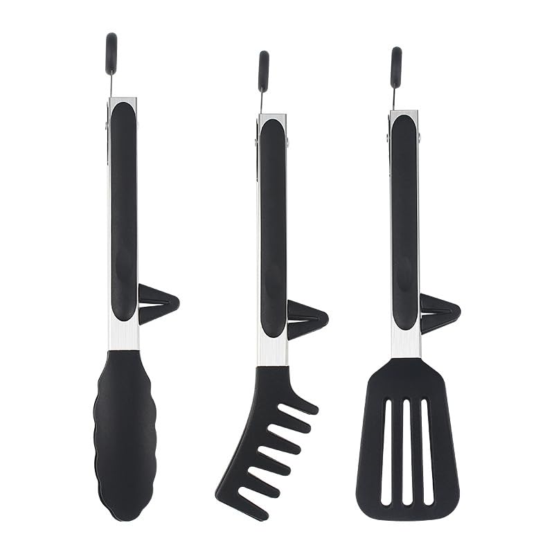 ZIBUYU® 9'' Kitchen Tongs Spaghetti Tong, Slotted Tong & Utility Serving Cooking Tong, Intergrated Riser Design & Hanging Loop, Food Grade Silicone Heat-Resistant Kitchen Tongs, Pack of 3, Black
