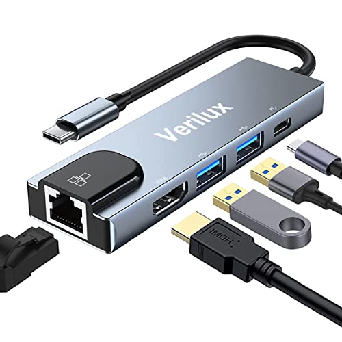 Verilux® USB C Hub,Type C Hub,10/100Mbps Aluminum USB Ethernet Adapter with RJ45 Network LAN Port and 3 USB 2.0 Ports for PC, MacBook, Mac Pro, Mac Surface Pro, XPS, PC (5 in 1 USB C HUB+RJ45)