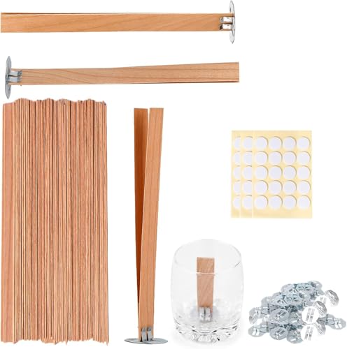 HASTHIP® 50 Pcs Smokeless Cherry Wood Candle Wicks,Long Lasting Flame,Easily Burn Candle Cores with Stand and Glue Dot Warning Label for DIY Making