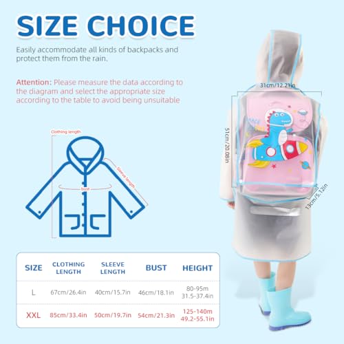 PALAY Kids Raincoat 3-5 Years Old Toddlers Raincoat Cartoon EVA Rain Jacket Knee Length Raincoat with Hood & Intergrated Backpack Rain Cover Preschool Kids Raincoat for