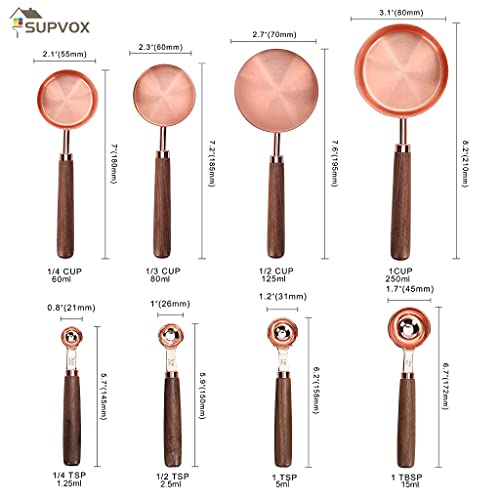 Supvox® 8Pcs Measuring Cups and Spoons Set, Stainless Steel Measuring Cup with Wood Handle, Rose Gold Polished Finish, 60ml/80ml/125ml/250ml/1.25ml/2.5ml/5ml/15ml, for Cooking and Baking