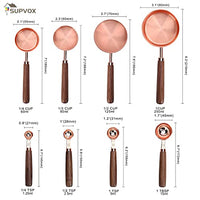 Supvox® 8Pcs Measuring Cups and Spoons Set, Stainless Steel Measuring Cup with Wood Handle, Rose Gold Polished Finish, 60ml/80ml/125ml/250ml/1.25ml/2.5ml/5ml/15ml, for Cooking and Baking