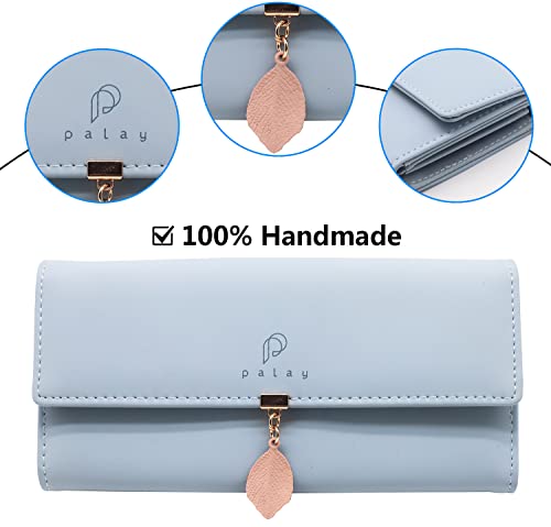 SANNIDHI® Women's PU Leather Long Wallet with Leaf Pendant Card Holders Phone Pocket Girls Zipper Coin Purse (Blue)