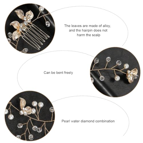 SANNIDHI Bridal Headpiece Golden Pearl Rhinestone Flower Crown Fairy Headpiece Side Combs Bridal Headwear Alloy Metal Bridal Wreath Headpiece Hair Accessiory Wedding Headpiece