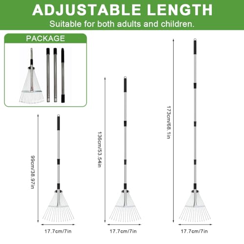 HASTHIP® Garden Rake, 5.6ft DIY Assembly Stainless Steel 15-Teeth Lawn & Yard Rake, Durable Long Handle Rake Garden Tool