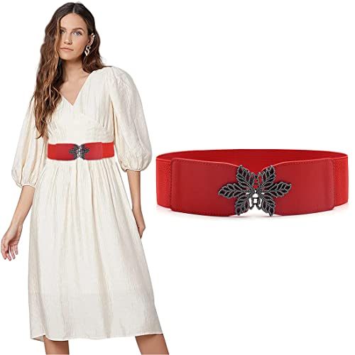 ZIBUYU® Women's Faux Leather Belt Fashion Women Wide Elastic Belt For Dress Ladies Stretchy Belt Metal Interlocking Buckle (Red)