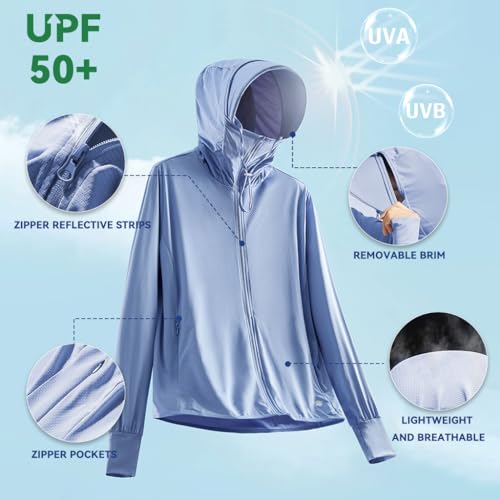 Venzina® UPF 50+ Sun Jacket for Men Lightweight UV Sun Protection Hoodie with Chin Strap, Quick Dry Sunscreen Clothing Long Sleeve Sun Shirts for Hiking Fishing, Blue, XL