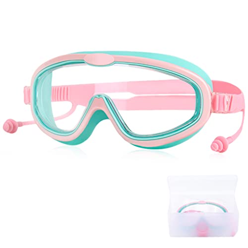 Proberos® Swimming Goggles for Kids with Ear Plugs, Big Frame Leakproof Swimming Goggles for Children Kids, Professional Swim Goggles with Anti Fog and UV Protection for Boys Girls for Age 2-16(Pink)