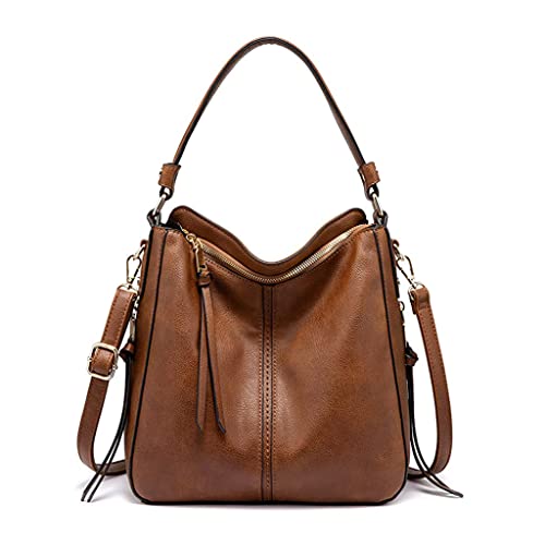 ZIBUYU® Tote Handbag for Women Fashion Faux Leather Tote Bag Classic Shoulder Crossbody Bags for Lady Girl Solid Color Brown