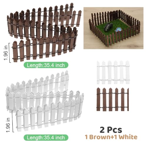 ORTIZA® Miniature Garden Fence Decorative - Wood Picket Fence for DIY Miniature Garden - White & Brown Decorative Fence - Garden Fencing for Plant Pots Decor, DIY Miniature Fairy Garden Decor (2Pcs)