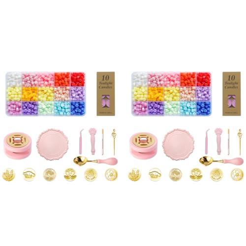 HASTHIP® Wax Seal Stamp Set 15 Multicolor Beads 6 Stamps Pink Cat Claw Handle Warmer Spoon Tweezers 10 Tealights Silicone Mat Craft DIY Gift Kit Personalized Invitations Packaging 2 PCS