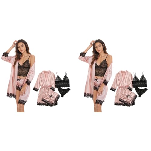 PALAY® Women Lingerie Underwear Suit Set of 8PCS Silk Lace Longsleeve Robe Black Bra Thong M
