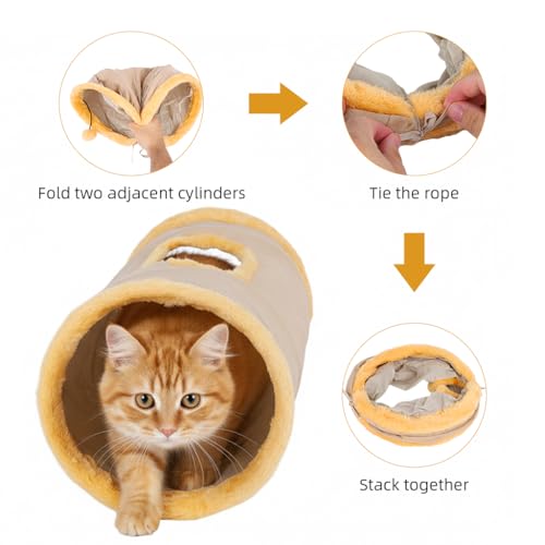 Qpets® Cat Hiding Cave Plush Play Tunnel with Top Open & Fluffy Ball Teaser Toy, 25cm Dia, 70cm Long, Collapsible Pet Play House, Reusable & Washable