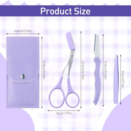 MAYCREATE 3Pcs Eye Brow Scissor Eyebrow Removal Tweezer Eyebrow Trimmer Razor Facial Hair Shaper Eyebrow Trimming Make Up Tool with PU Leather Case Shave and Hair Removal, Purple