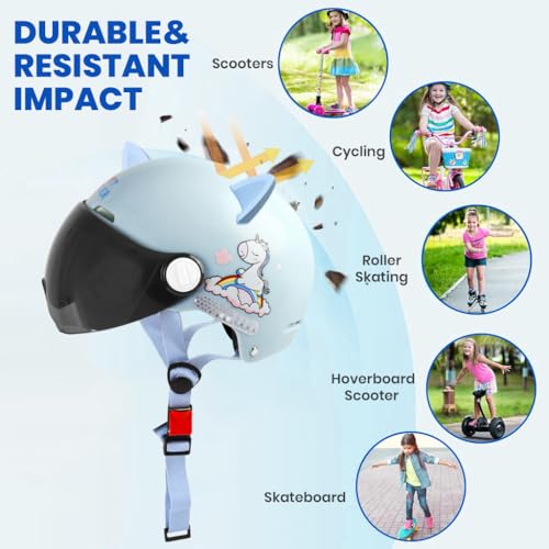 Proberos® Kids Bike Scooter Safety Helmet for 7-14 Year with UV Protection Visor Adjustable Chin Strap Anti-Impact Cushioning Cartoon Bunny Ear Unicorn Bicycle for Girls Boys Blue 3PCS