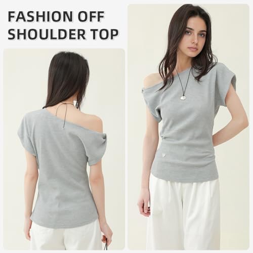 SANNIDHI® Womens Summer Off Shoulder Tops Casual Loose Waffle Knit Short Sleeve Lightweight Solid Color Blouses Short Sleeve T Shirts One Shoulder Tops Trendy Sexy Cute Tunic Tee, L