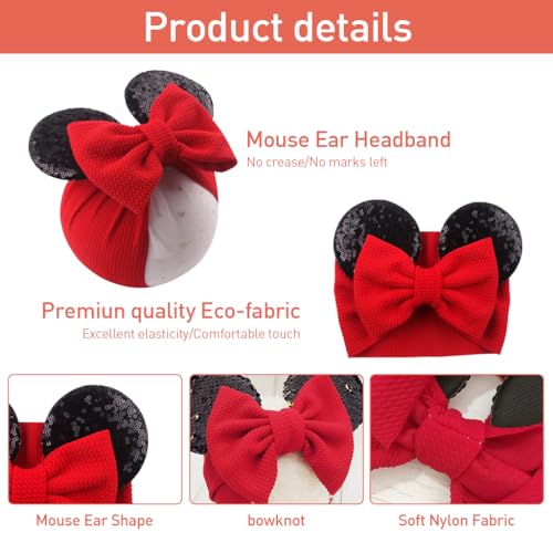 SNOWIE SOFT 2pcs Hair Bands For Baby Girls, Sequin Mic-Ky Mouse Bow Baby Hair Band Cute Elastic Headband For Baby Girl Super Soft Wide Hairband For Baby Girl, Handmade Baby Girl Hair Accessory