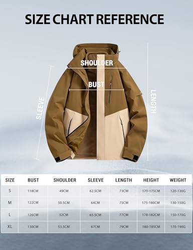 Venzina® Men's 3-in-1 Outdoor Hiking Jacket, Lightweight Windproof Waterproof Jacket with Detachable Fleece Liner for Winter Sports, Camping, Travel, Army Brown-M