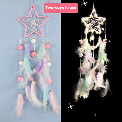 ELEPHANTBOAT® Pink Star Dream Catcher with Lights Handwoven Feather,Wall Decoration for Room,Car,Bedroom,Christmas Gift