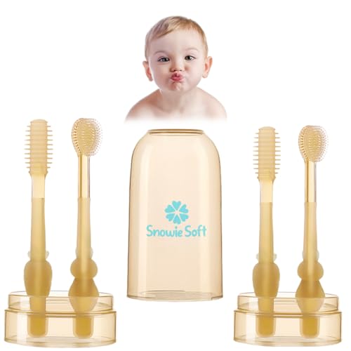 SNOWIE SOFT® 2Pcs Baby Oral Cleaning Brush Set 2-in-1 Silicone Toothbrush & Tongue Cleaner for 6-24 Months, BPA-Free, Ultra-Soft Bristles, Food Grade, with Storage Box