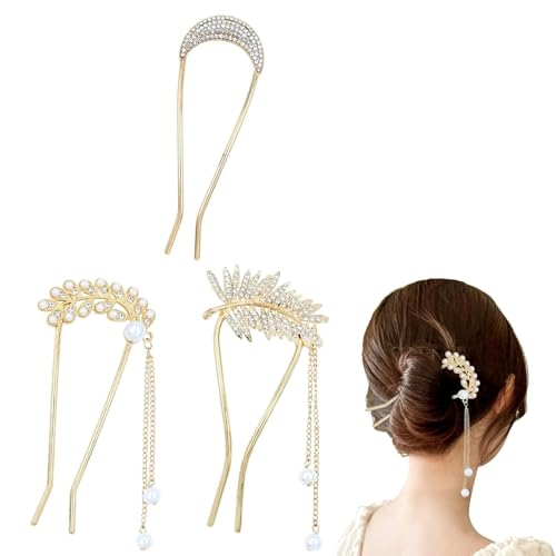 MAYCREATE® 3Pcs Fancy Cute Flower Star Butterfly U Shaped Gold Metal Hair Pins Sticks Curved French Bun Decorative Accessories for Women Girls - Gold
