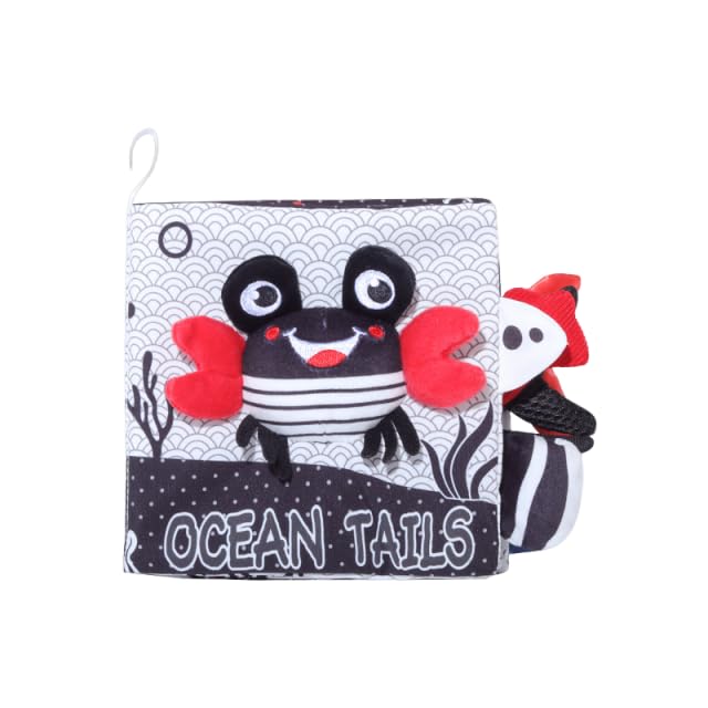 SNOWIE SOFT® Baby Cloth Book Black and White High Contrast 3D Tailed Ocean Animal Themed Squeaky Cloth Sensory Book Toy with Hanging Loop, Colorful Busy Book Early Education Toy for 0-12 Months
