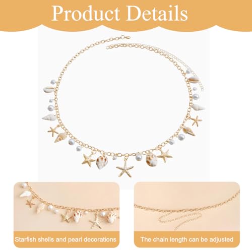 SANNIDHI® Waist Chain for Women Sexy Starfish Shell Bikini Body Hip Chain for Women Saree, Mermaids Pearl Belly Waist Belt for Beach Wear - Gold, Adjustable 3 PCS