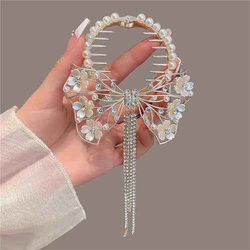 Venzina® Bow Hair Clip for Women Stylish Pearl Tassel Hair Bun Accessories for Women and Girls Tassel Hair Buns Claw Clip for Women Hair Accessories for Bride, Wedding, Daily, Party