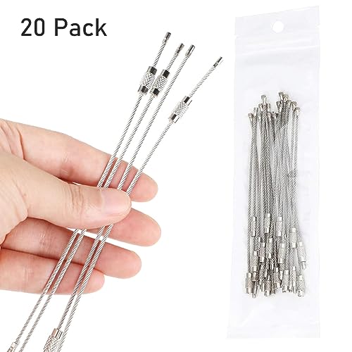 PALAY® 20Pcs Stainless Steel Keyring, 15cm Wire Rope Key Ring Cables Key Ring Loop Holder, Key Ring Loop Holder for Outdoor Hiking Heavy Duty Connectable Luggage Tag Keeper for Sport and Travel